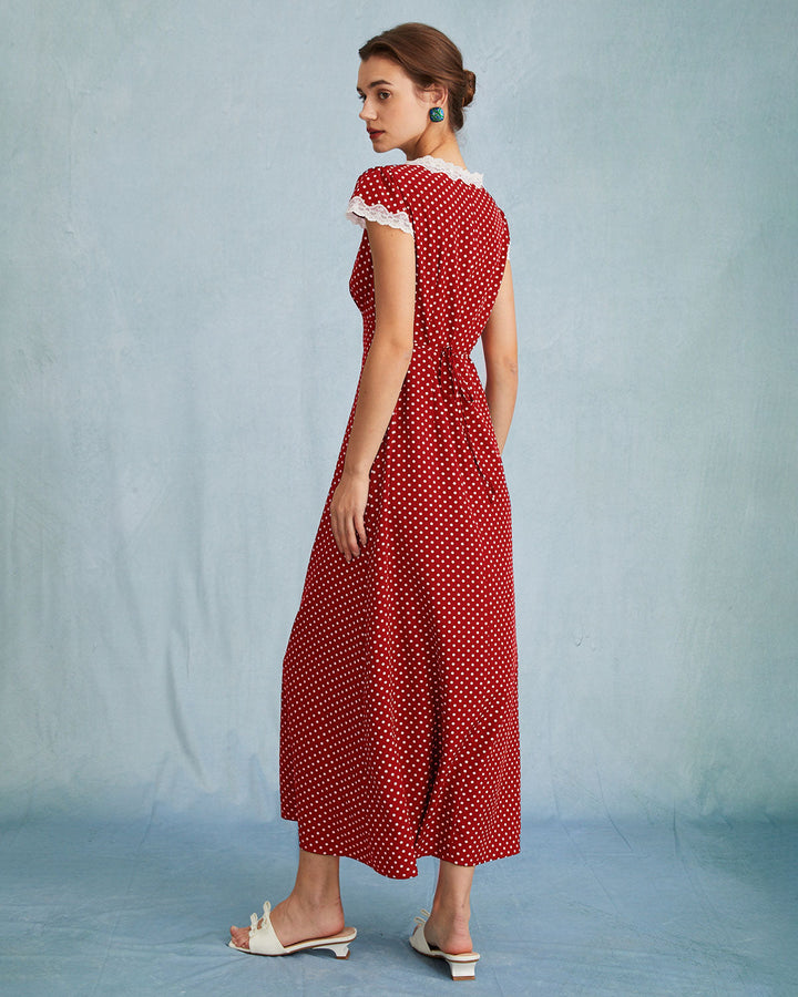 Misha™ | Das rote geraffte Maxikleid mit V-Ausschnitt und gepunkteter Spitze