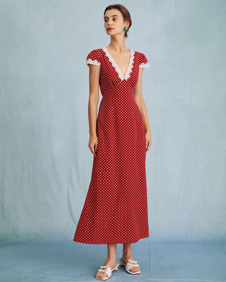 Misha™ | Das rote geraffte Maxikleid mit V-Ausschnitt und gepunkteter Spitze