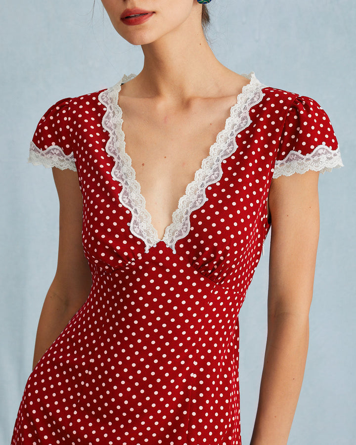 Misha™ | Das rote geraffte Maxikleid mit V-Ausschnitt und gepunkteter Spitze