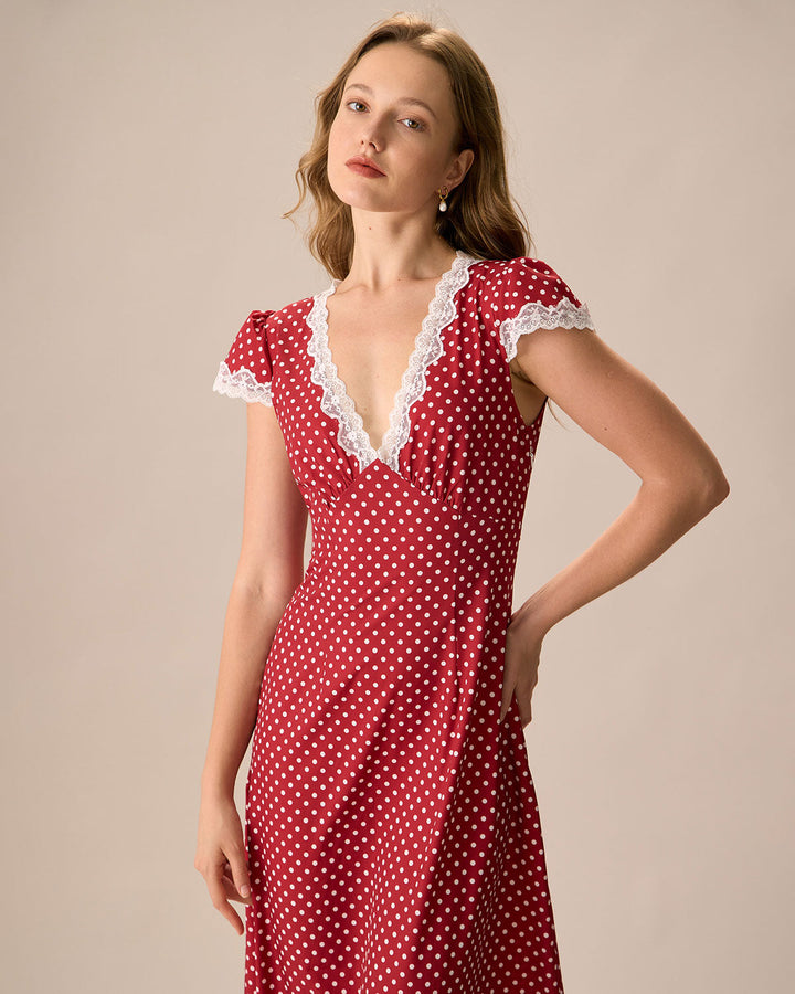 Misha™ | Das rote geraffte Maxikleid mit V-Ausschnitt und gepunkteter Spitze