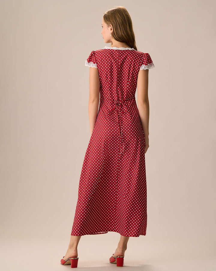 Misha™ | Das rote geraffte Maxikleid mit V-Ausschnitt und gepunkteter Spitze