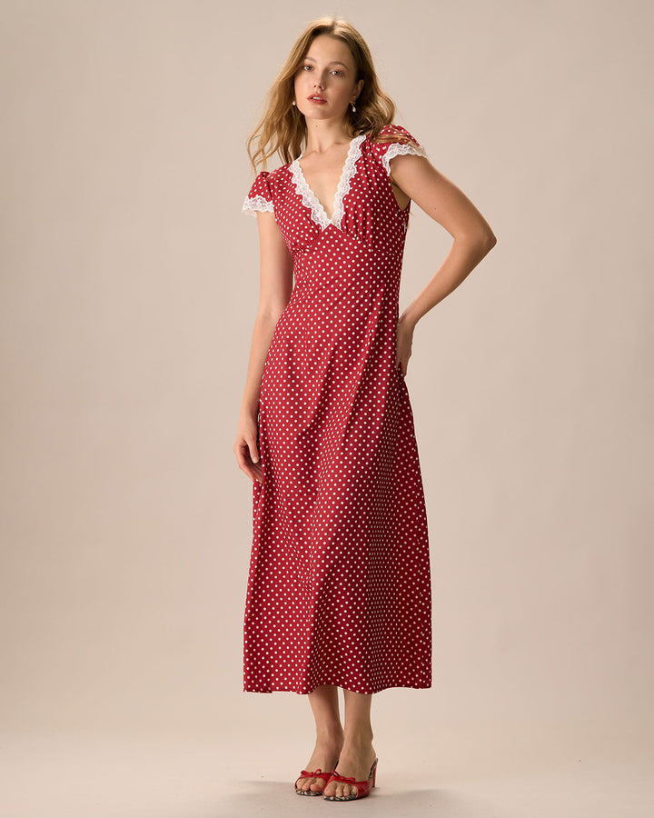 Misha™ | Das rote geraffte Maxikleid mit V-Ausschnitt und gepunkteter Spitze